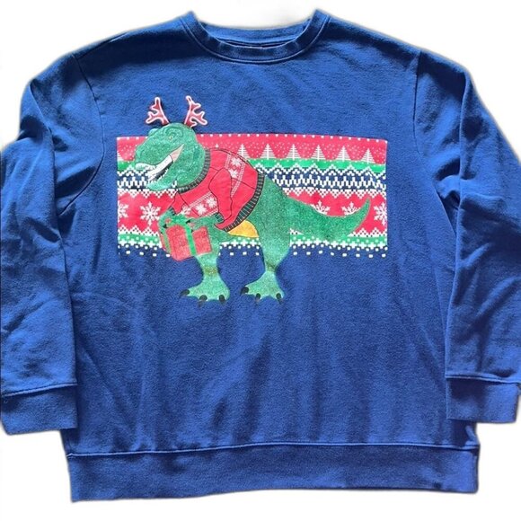Tops - Holiday Ugly Sweater Blue Dinosaur Christmas Sweatshirt XL Crew neck Pullover